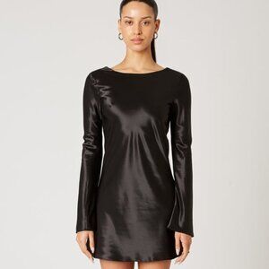 88$ NIA KIM Satin Open-Back Mini Party Dress Long Sleeves Women's Size L Black